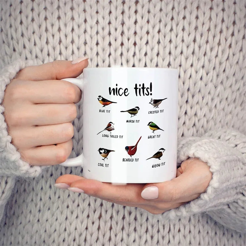 Nice Tits Bird Mugs For Bird Lovers Women, Bird Watching Gifts Novelty Coffee Ceramic Tea Cups White 11 oz