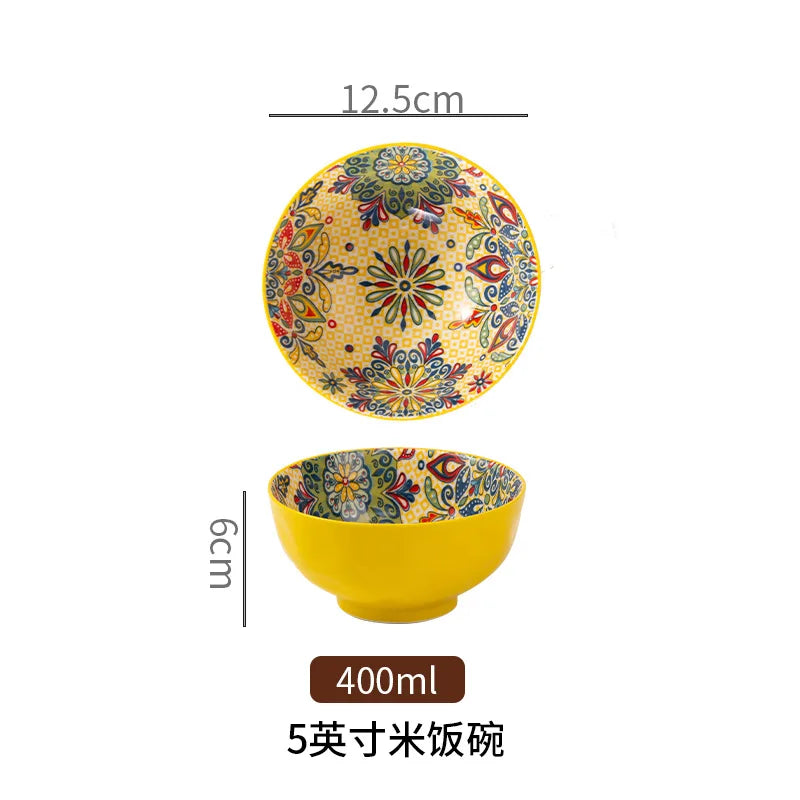 Bohemian Colorful Flower Ceramic Bowl Creative High Appearance White Ceramic Bowl Retro Japanese Cuisine Set Noodle Bowl