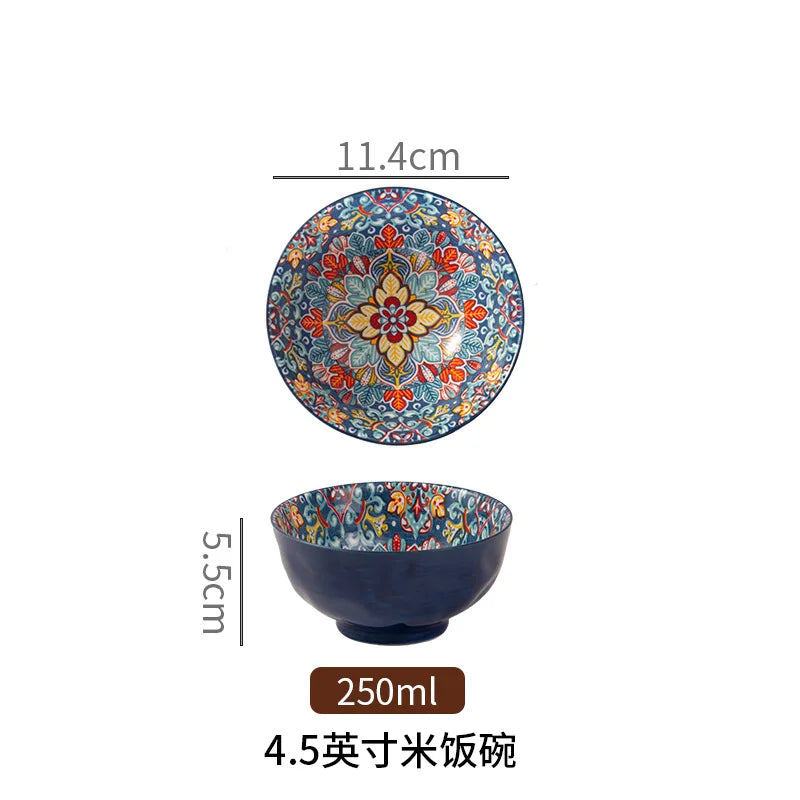 Bohemian Colorful Flower Ceramic Bowl Creative High Appearance White Ceramic Bowl Retro Japanese Cuisine Set Noodle Bowl