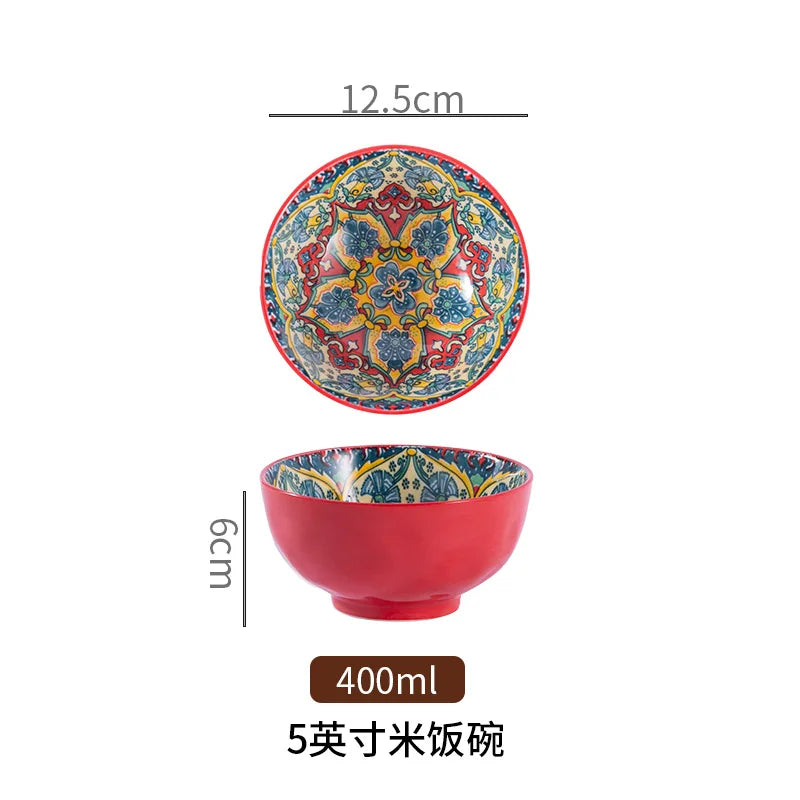 Bohemian Colorful Flower Ceramic Bowl Creative High Appearance White Ceramic Bowl Retro Japanese Cuisine Set Noodle Bowl