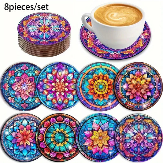 8-piece Set of DIY Diamond Painted Coasters with Mandala Pattern and Complimentary Cup Holder