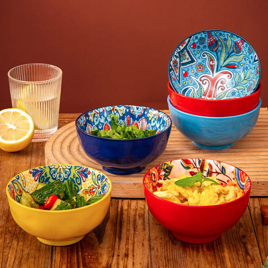 Bohemian Colorful Flower Ceramic Bowl Creative High Appearance White Ceramic Bowl Retro Japanese Cuisine Set Noodle Bowl