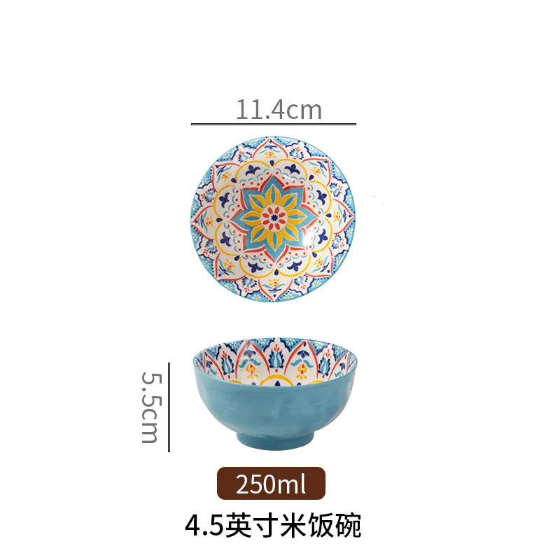 Bohemian Colorful Flower Ceramic Bowl Creative High Appearance White Ceramic Bowl Retro Japanese Cuisine Set Noodle Bowl