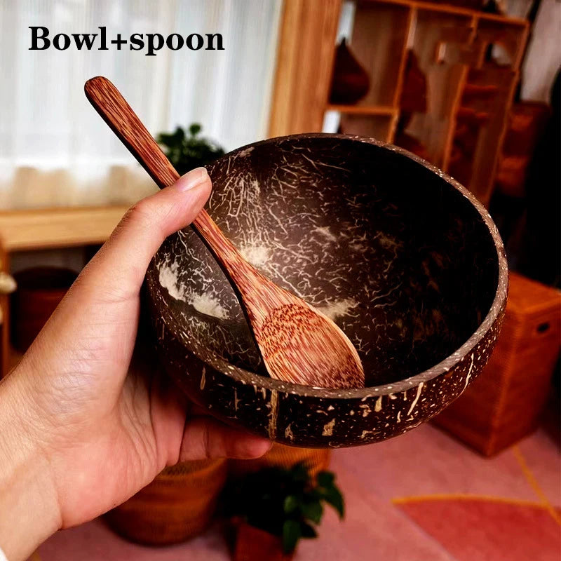 Natural Coconut Bowl Set Wooden Salad Ramen Bowl Coconut Wood Spoon Set Coco Smoothie Kitchen Tableware Coconut Bowl