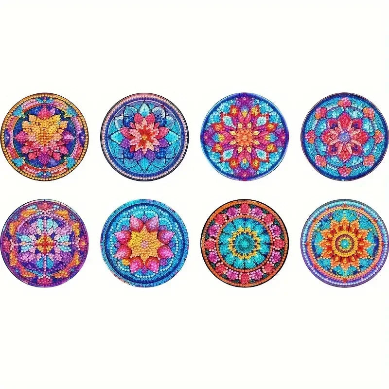 8-piece Set of DIY Diamond Painted Coasters with Mandala Pattern and Complimentary Cup Holder