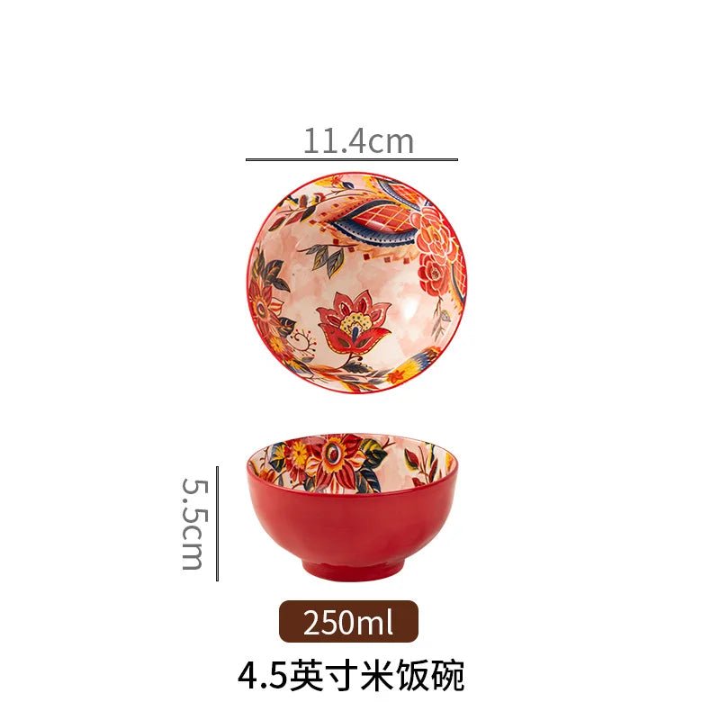 Bohemian Colorful Flower Ceramic Bowl Creative High Appearance White Ceramic Bowl Retro Japanese Cuisine Set Noodle Bowl