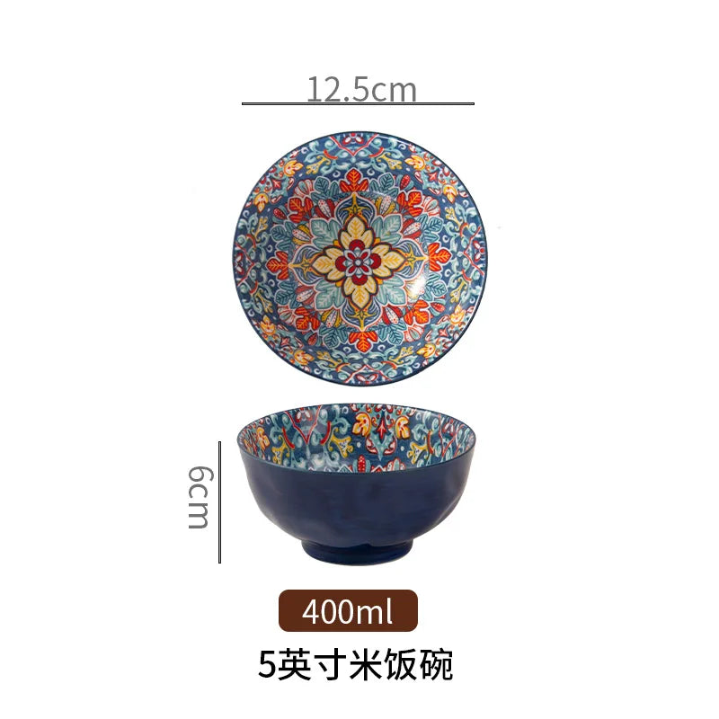 Bohemian Colorful Flower Ceramic Bowl Creative High Appearance White Ceramic Bowl Retro Japanese Cuisine Set Noodle Bowl