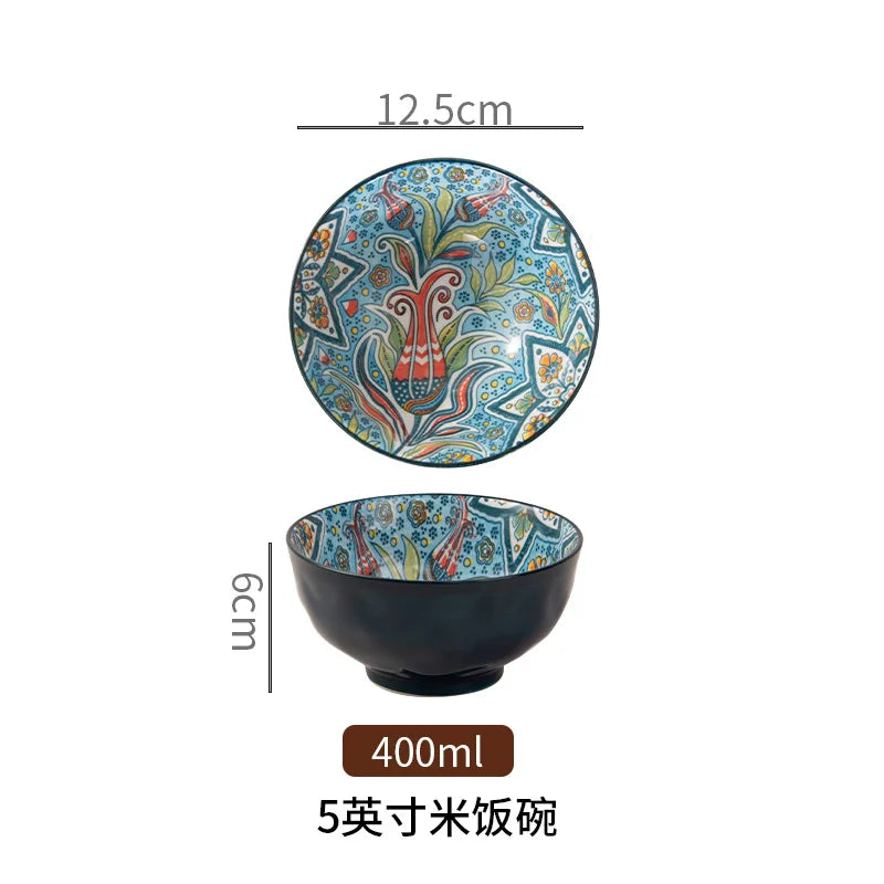 Bohemian Colorful Flower Ceramic Bowl Creative High Appearance White Ceramic Bowl Retro Japanese Cuisine Set Noodle Bowl