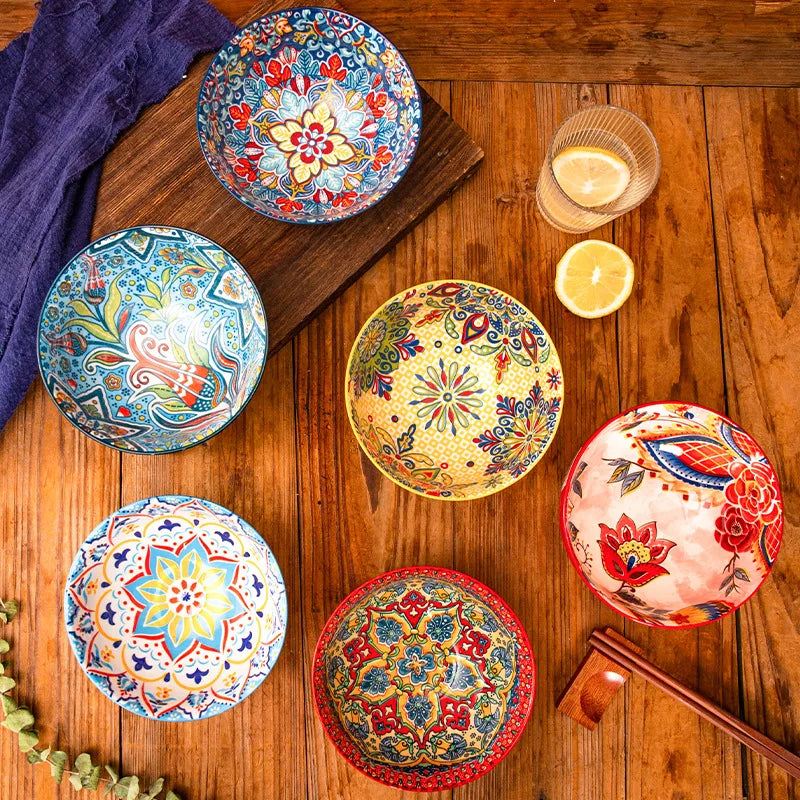 Bohemian Colorful Flower Ceramic Bowl Creative High Appearance White Ceramic Bowl Retro Japanese Cuisine Set Noodle Bowl