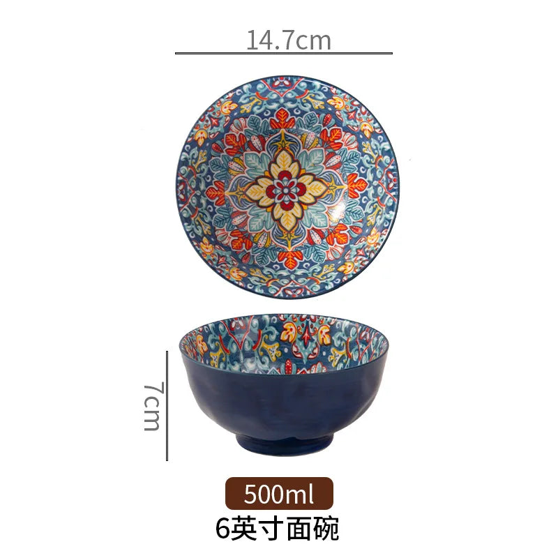 Bohemian Colorful Flower Ceramic Bowl Creative High Appearance White Ceramic Bowl Retro Japanese Cuisine Set Noodle Bowl