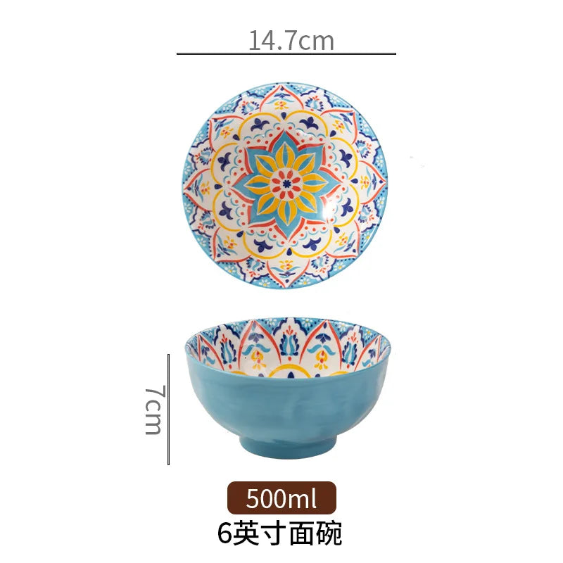 Bohemian Colorful Flower Ceramic Bowl Creative High Appearance White Ceramic Bowl Retro Japanese Cuisine Set Noodle Bowl