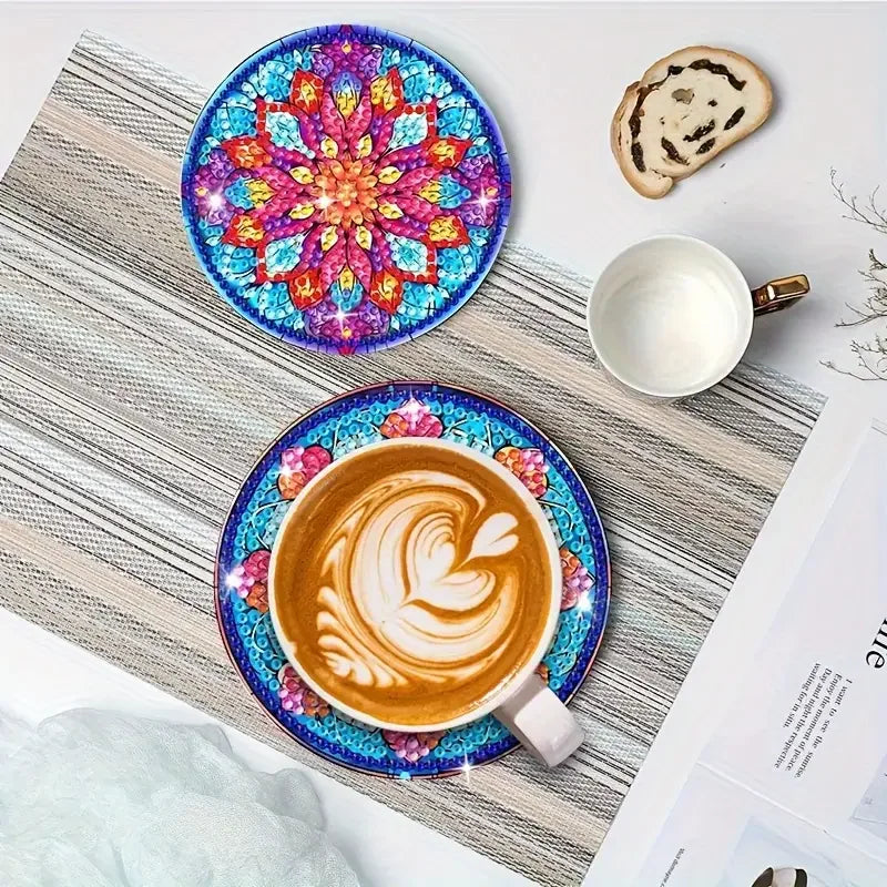 8-piece Set of DIY Diamond Painted Coasters with Mandala Pattern and Complimentary Cup Holder