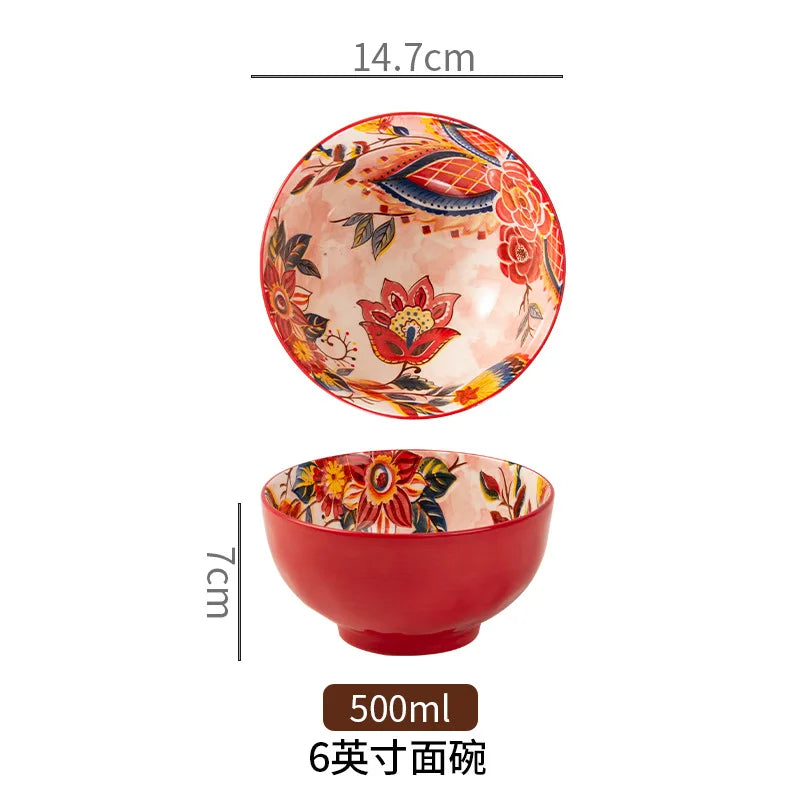 Bohemian Colorful Flower Ceramic Bowl Creative High Appearance White Ceramic Bowl Retro Japanese Cuisine Set Noodle Bowl