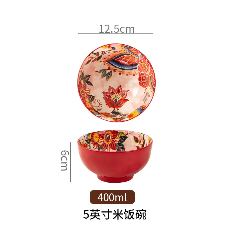 Bohemian Colorful Flower Ceramic Bowl Creative High Appearance White Ceramic Bowl Retro Japanese Cuisine Set Noodle Bowl