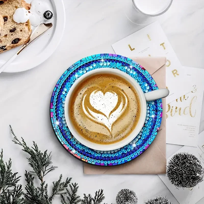 8-piece Set of DIY Diamond Painted Coasters with Mandala Pattern and Complimentary Cup Holder