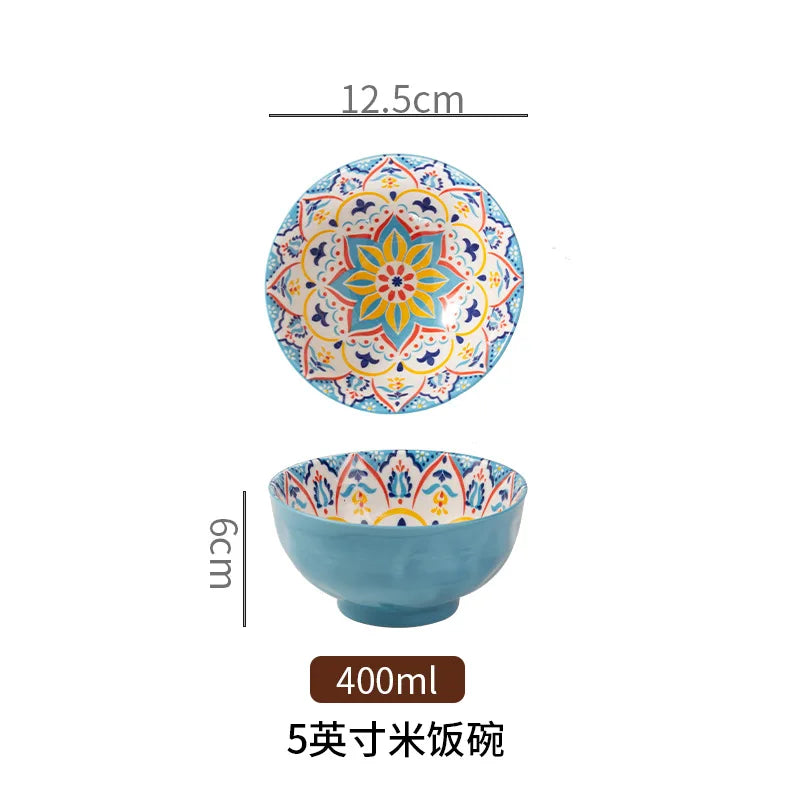 Bohemian Colorful Flower Ceramic Bowl Creative High Appearance White Ceramic Bowl Retro Japanese Cuisine Set Noodle Bowl