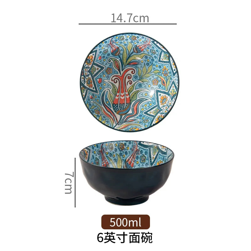 Bohemian Colorful Flower Ceramic Bowl Creative High Appearance White Ceramic Bowl Retro Japanese Cuisine Set Noodle Bowl