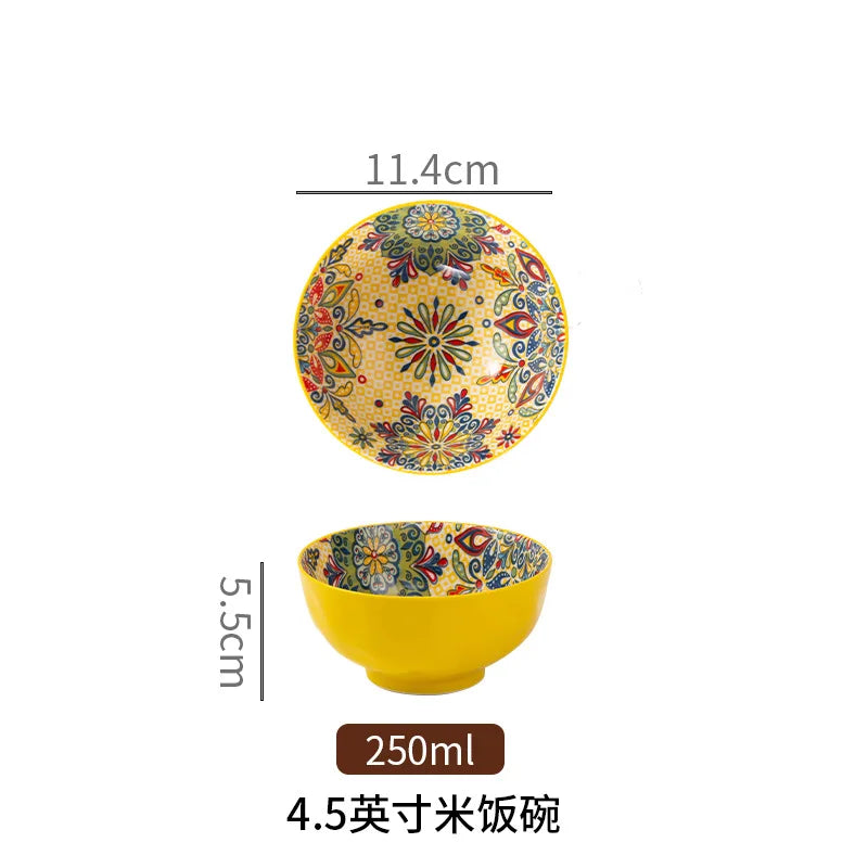 Bohemian Colorful Flower Ceramic Bowl Creative High Appearance White Ceramic Bowl Retro Japanese Cuisine Set Noodle Bowl