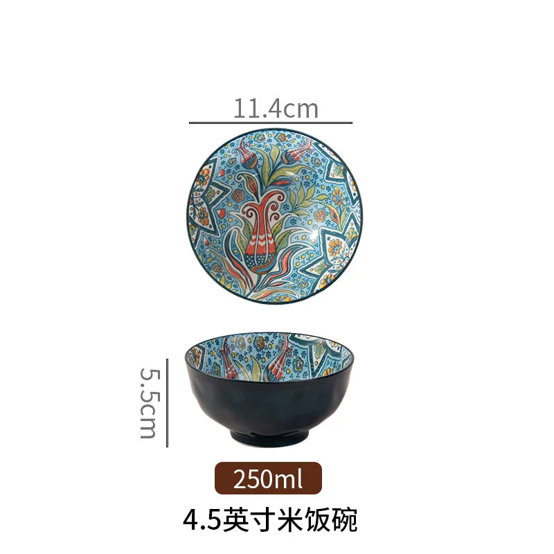 Bohemian Colorful Flower Ceramic Bowl Creative High Appearance White Ceramic Bowl Retro Japanese Cuisine Set Noodle Bowl