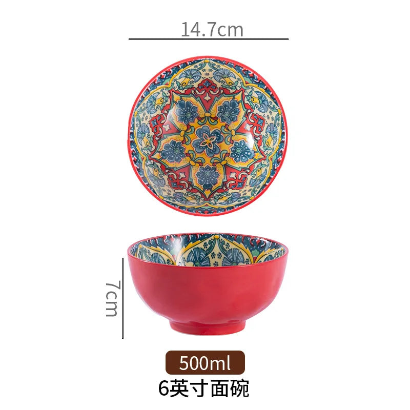 Bohemian Colorful Flower Ceramic Bowl Creative High Appearance White Ceramic Bowl Retro Japanese Cuisine Set Noodle Bowl