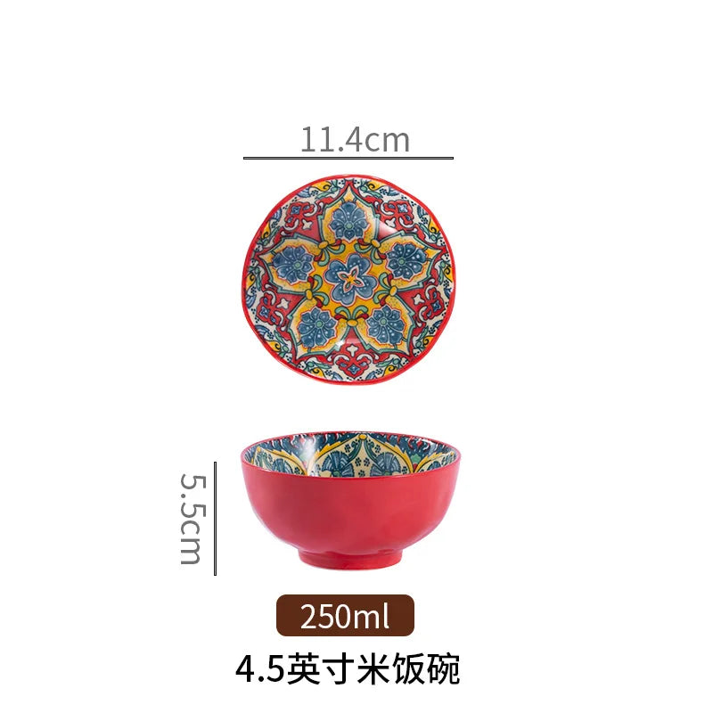 Bohemian Colorful Flower Ceramic Bowl Creative High Appearance White Ceramic Bowl Retro Japanese Cuisine Set Noodle Bowl