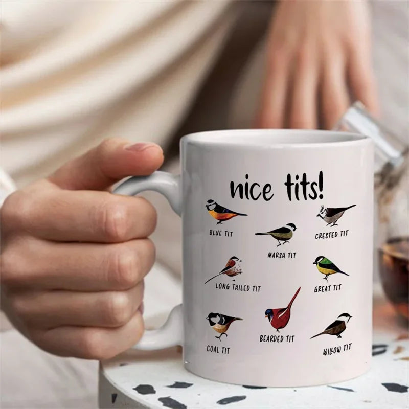 Nice Tits Bird Mugs For Bird Lovers Women, Bird Watching Gifts Novelty Coffee Ceramic Tea Cups White 11 oz