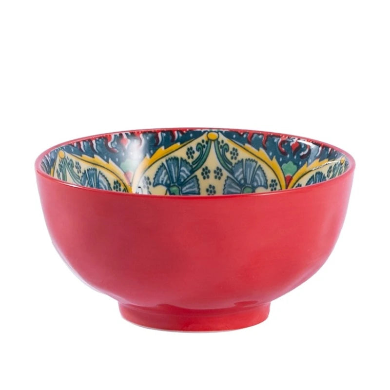 Bohemian Colorful Flower Ceramic Bowl Creative High Appearance White Ceramic Bowl Retro Japanese Cuisine Set Noodle Bowl