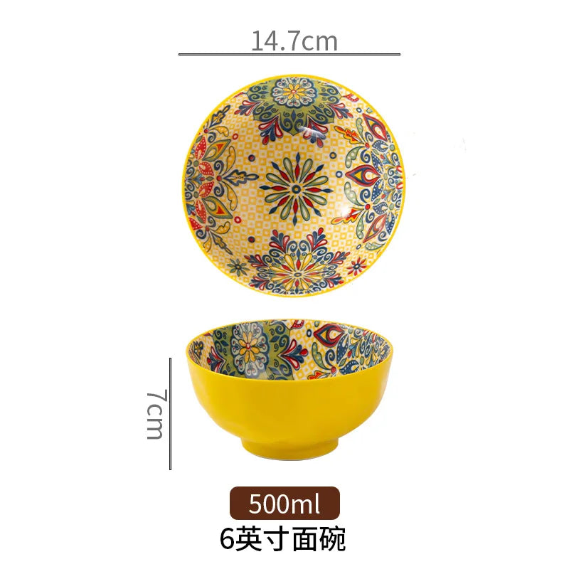 Bohemian Colorful Flower Ceramic Bowl Creative High Appearance White Ceramic Bowl Retro Japanese Cuisine Set Noodle Bowl