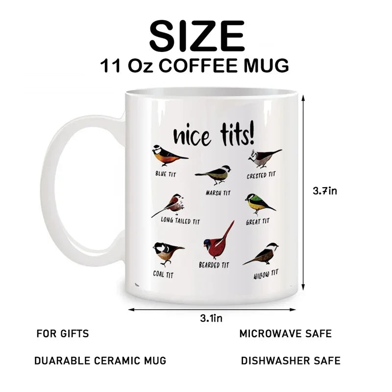 Nice Tits Bird Mugs For Bird Lovers Women, Bird Watching Gifts Novelty Coffee Ceramic Tea Cups White 11 oz